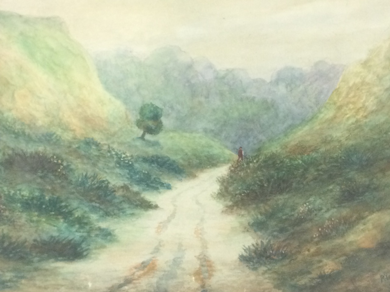 Richard Yates, watercolour, landscape with figure on track, signed and dated 1913, labelled to verso - Image 2 of 3