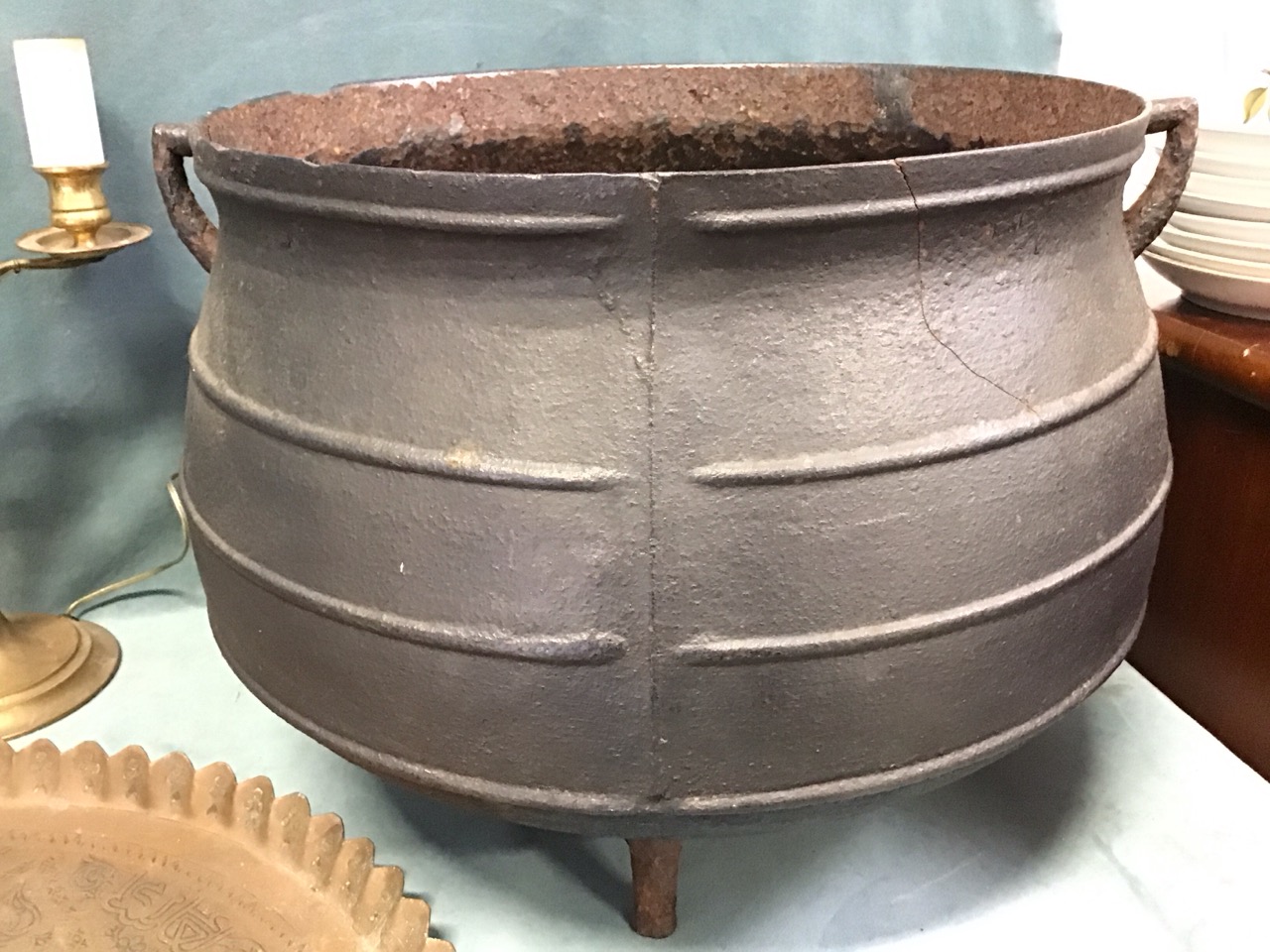 Miscellaneous metalware - a C19th cast iron ribbed cauldron on three feet, a Georgian style brass - Image 2 of 3