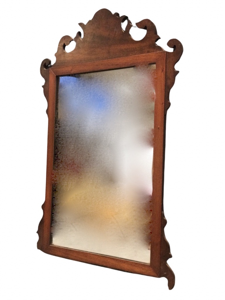 A Georgian style mahogany wall mirror, the fretwork scrolled crest above a rectangular plate in - Image 2 of 3