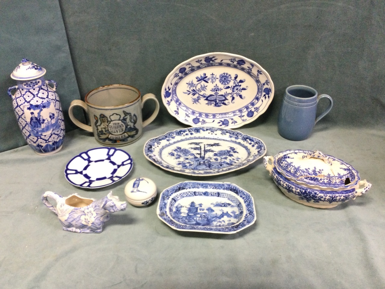Miscellaneous blue & white ceramics - a Chinese baluster vases & cover, platters, a Burleigh cow
