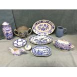 Miscellaneous blue & white ceramics - a Chinese baluster vases & cover, platters, a Burleigh cow