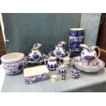 A collection of blue & white ceramics - three jug & basin sets, a Maling willow pattern trough, a