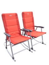 A pair of Vango folding garden rocking chairs on tubular metal frames with cushion backs & seats. (