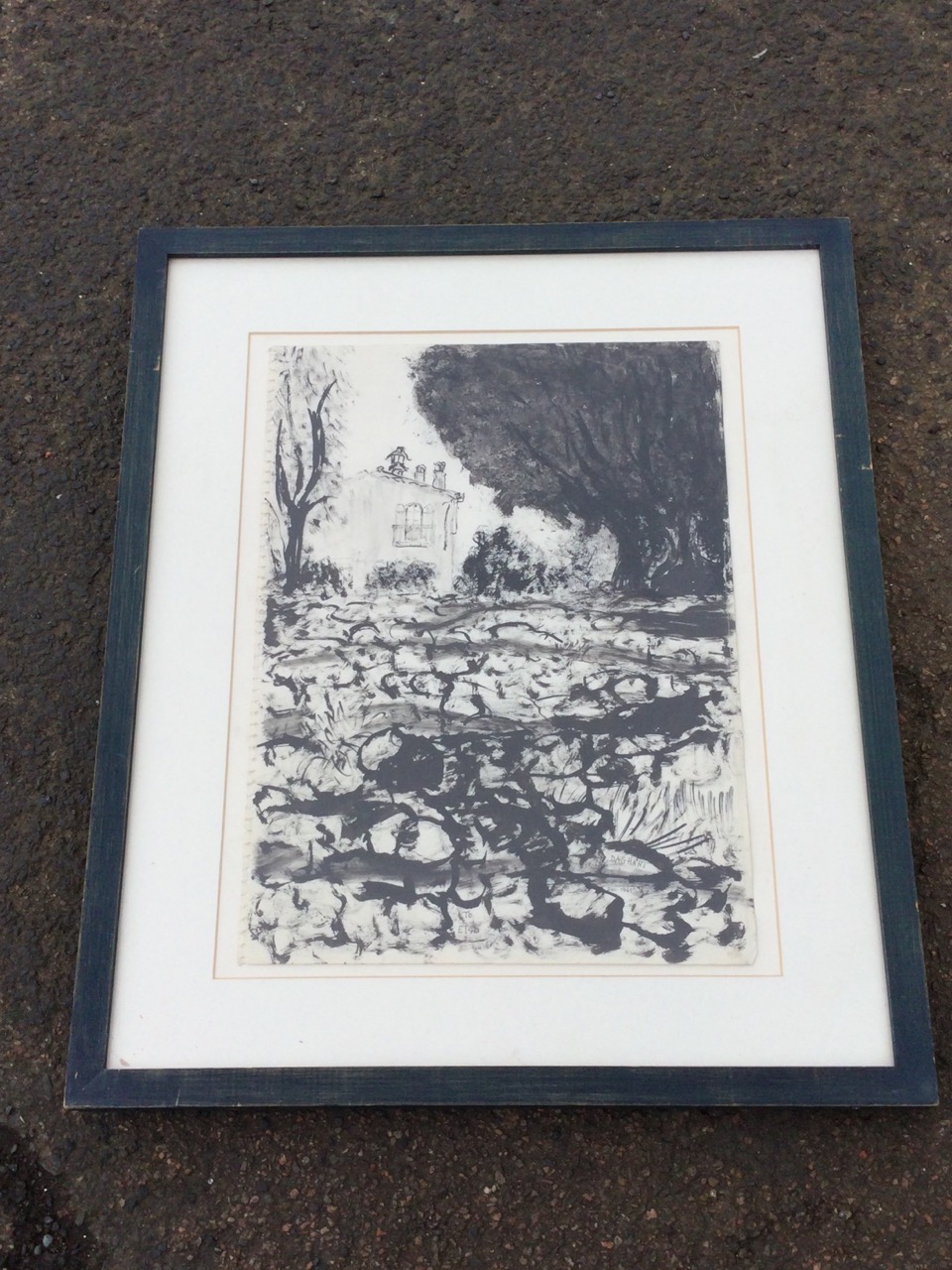 Arnold Daghani, brush & ink, cottage near trees, signed, dated, float mounted & framed. (12.5in x - Image 2 of 3