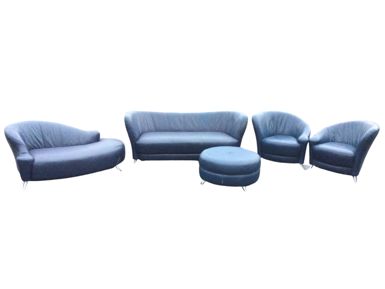 A contemporary Italian leather suite by Melandas, with chaise longue, sofa, pouffe, and pair of