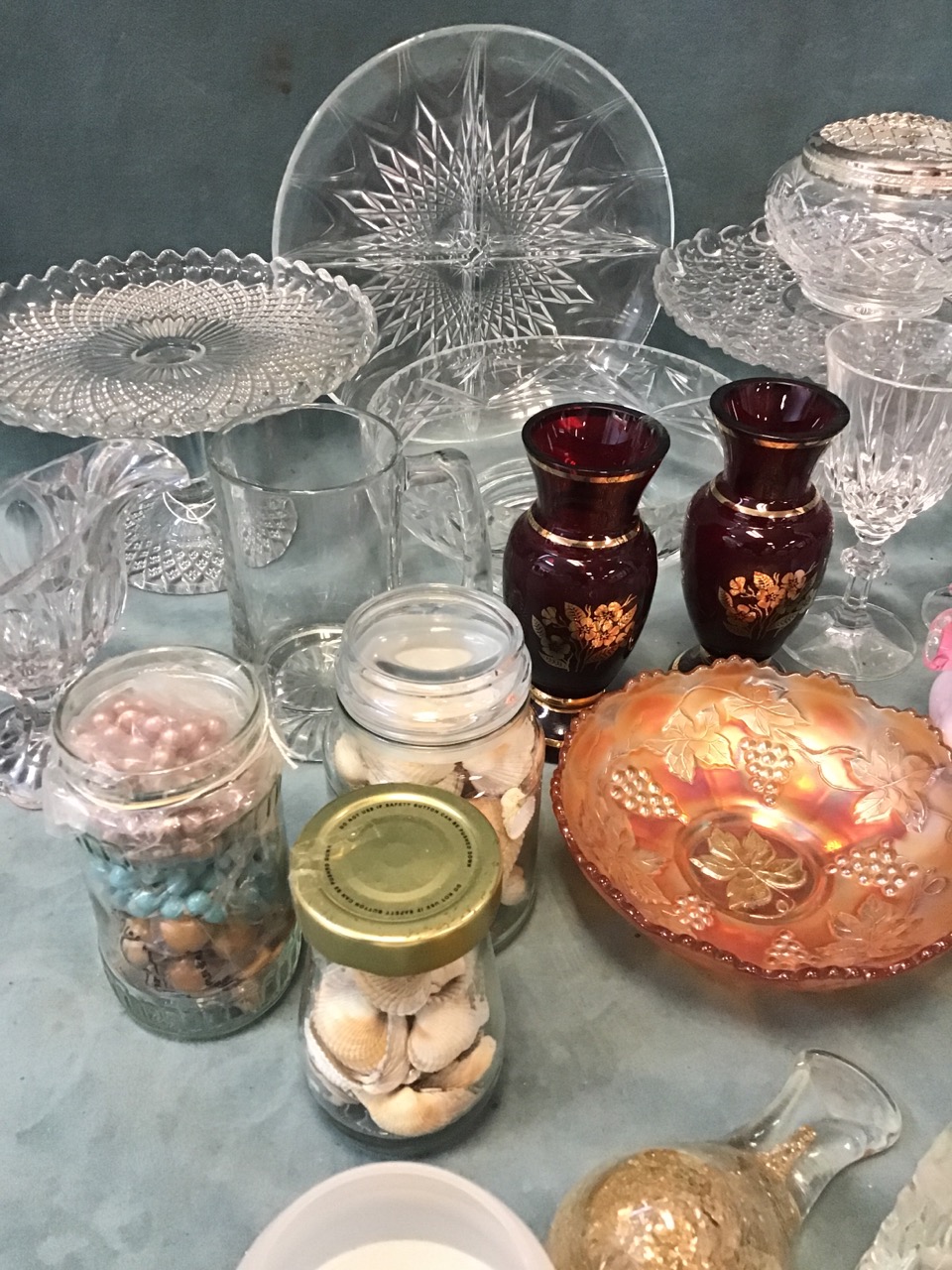 Miscellaneous glass - a pair of gilded ruby vases, tankards, tea light holders, paperweights, a - Image 2 of 3