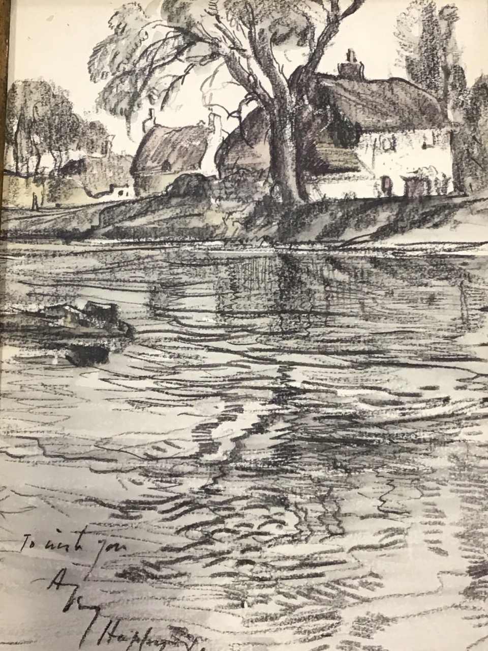 Samuel Lamorna Birch, pencil, river landscape with cottages & trees, a Christmas card sketch - Image 3 of 3