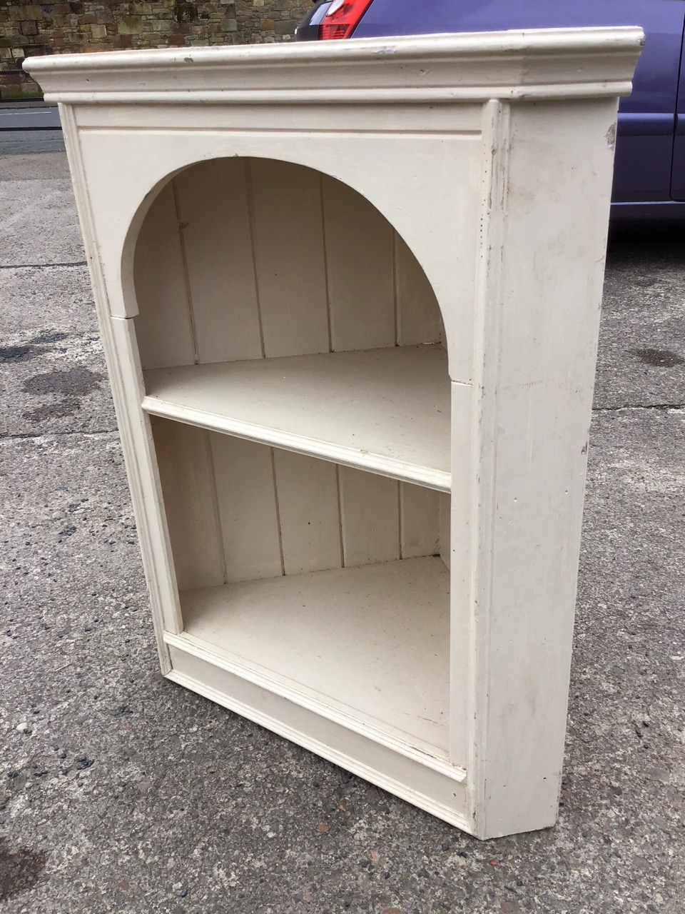 A painted pine corner cabinet with moulded cornice above an arched aperture framing two shelves - Image 3 of 3