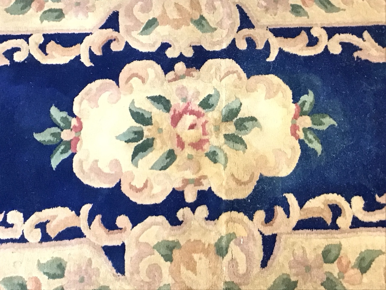 A Chinese wool aubusson style rug with floral medallion on a blue field within scrolling foliate and - Image 3 of 3