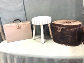 A Victorian oval tin hat box; a circular upholstered stool raised on turned legs; and a Vetro