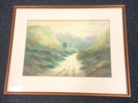 Richard Yates, watercolour, landscape with figure on track, signed and dated 1913, labelled to verso