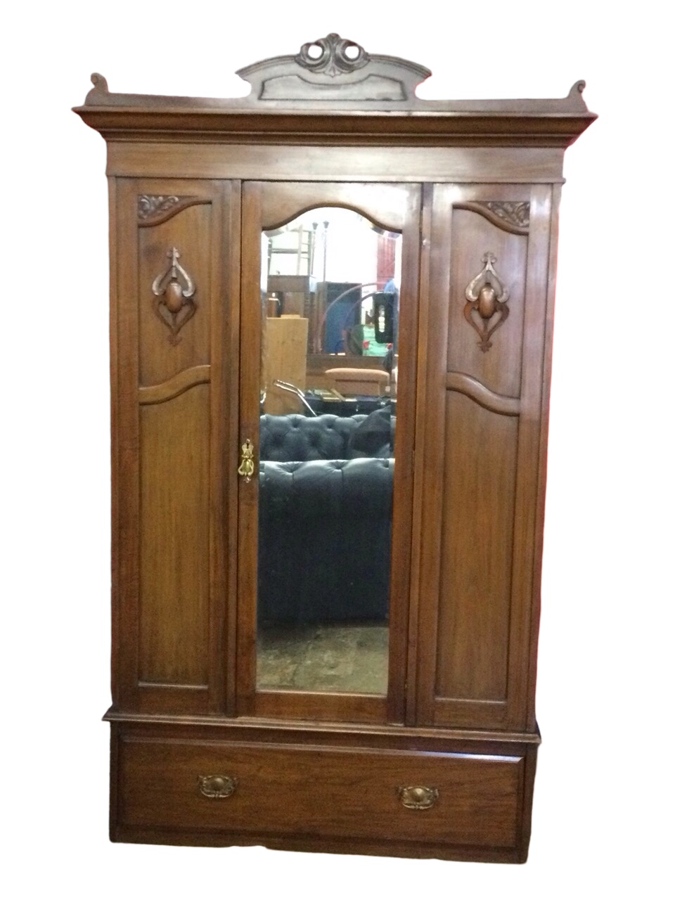 An Edwardian mahogany CWS Pelaw wardrobe and dressing table, the robe with pediment and moulded - Image 3 of 3