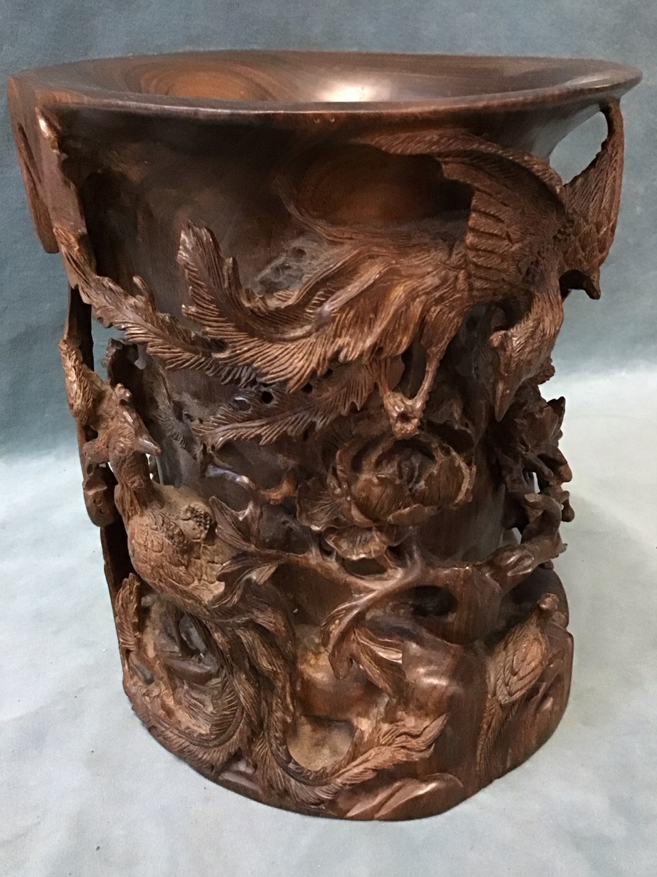 A large Chinese rosewood brush pot carved in high relief with a rocky landscape, pavilion, waterfall - Image 2 of 3