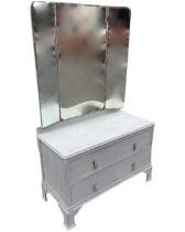 A painted oak dressing table, the back with three bevelled mirrors above a canted chamfered top