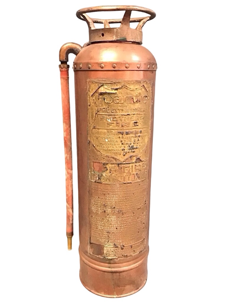 An American cylindrical copper and brass fire extinguisher by the American La France & Foamite