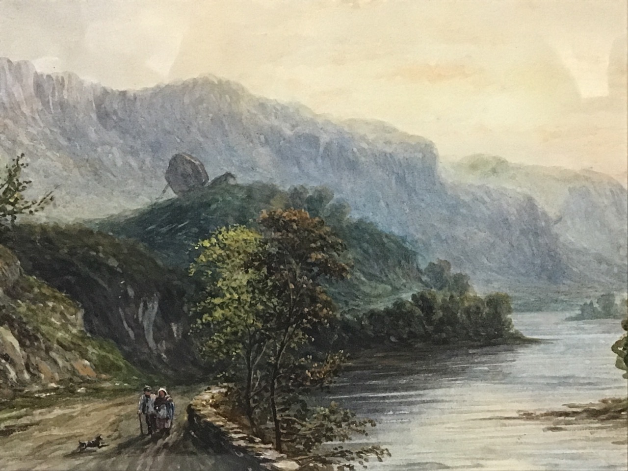 J Wallay? Victorian watercolour, river landscape with figures on road, signed indistinctly, - Image 2 of 3