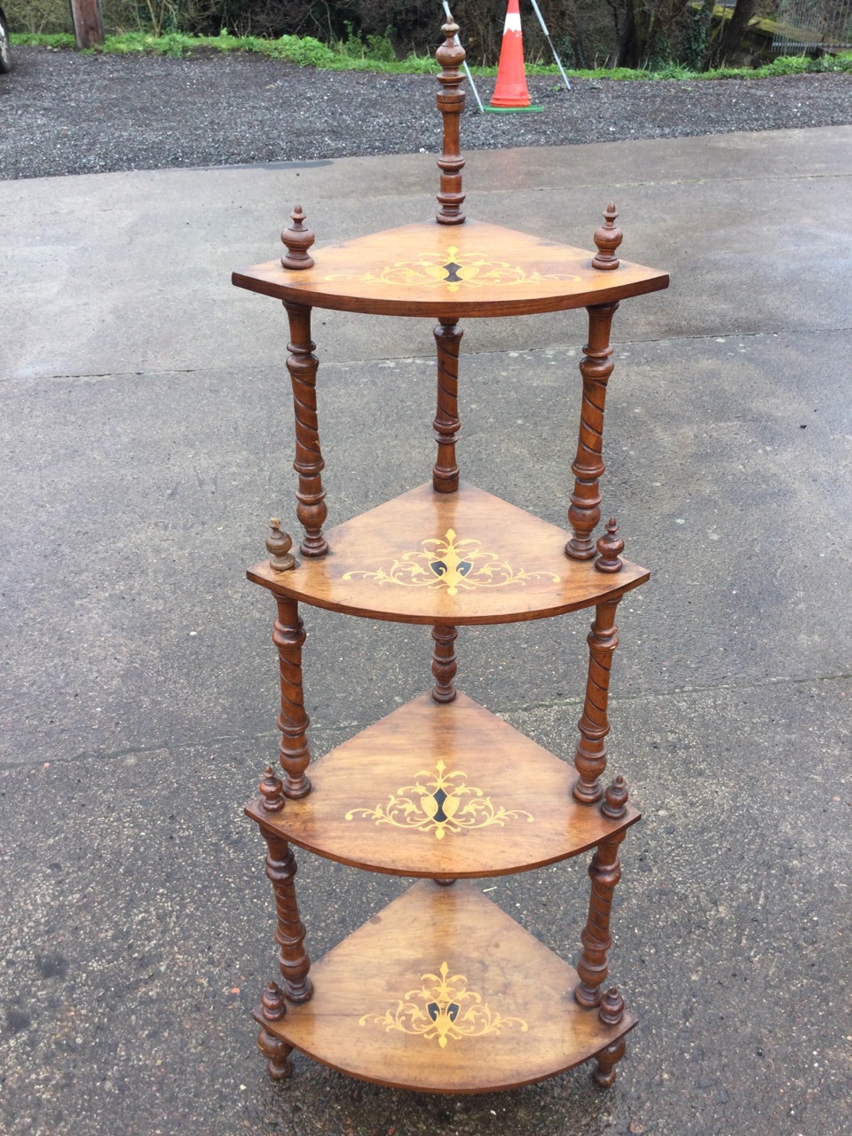 A Victorian walnut four-tier corner whatnot with inlaid scrolled decoration to bowfronted shelves, - Image 2 of 3