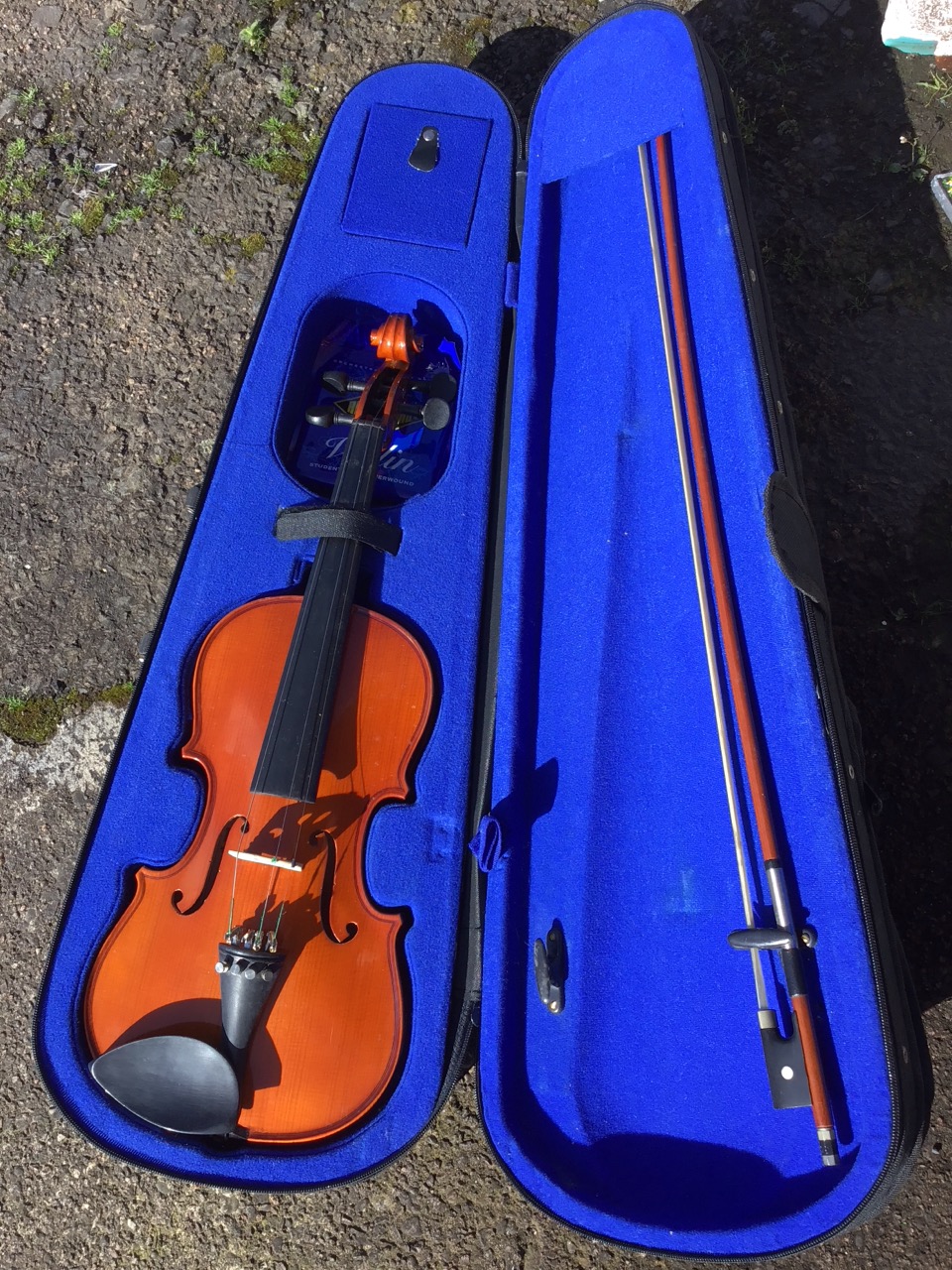 A cased Yamada violin with bow, and a spare set of strings - looks unplayed? (21.75in)