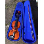 A cased Yamada violin with bow, and a spare set of strings - looks unplayed? (21.75in)