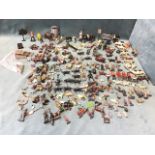 A collection of lead figures including soldiers, farm animals, knights, trees, street signs, etc. (A