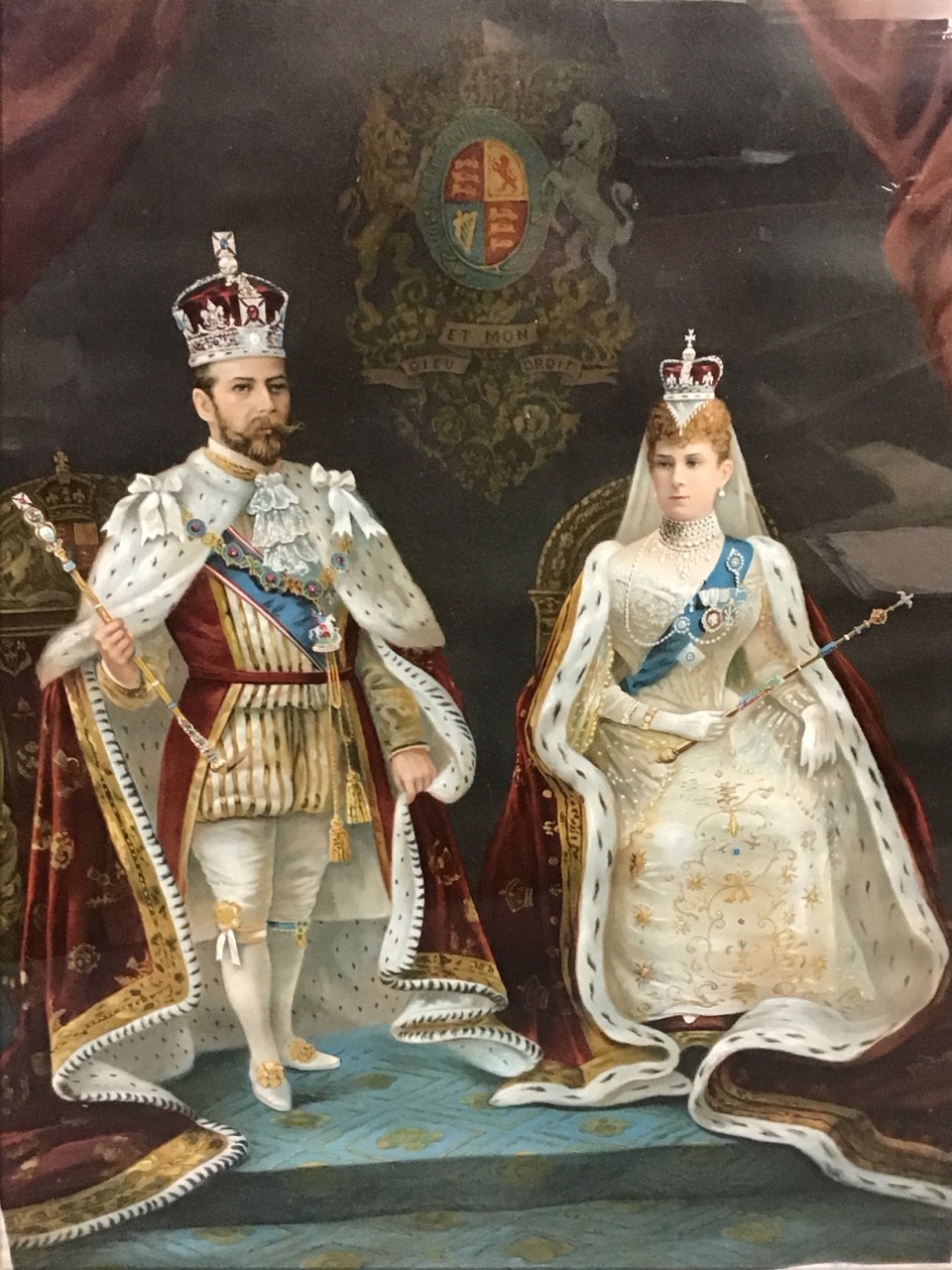 A 1911 framed coloured print of George V & Queen Mary, gilt framed; and an Edwardian photograph of a - Image 2 of 3