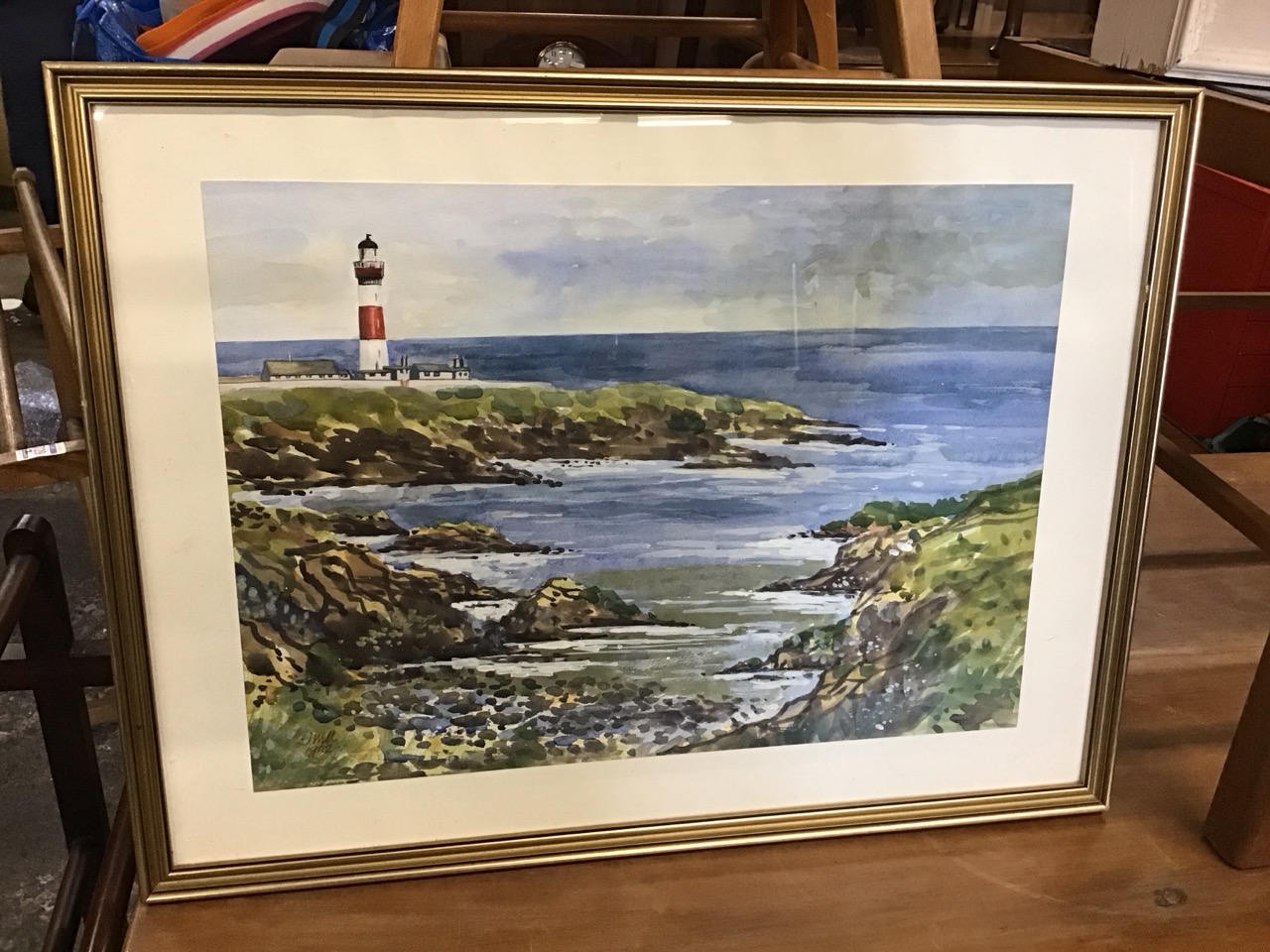 J Will, watercolour, rocky coastal scene with a lighthouse, titled Buchanness Lighthouse to verso,