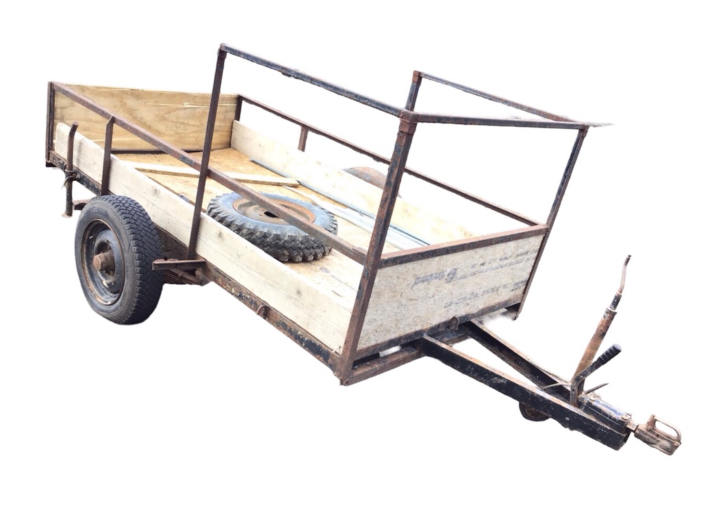 A rectangular trailer with wood boards on angleiron frame with sprung axel, the wheels having - Image 2 of 3