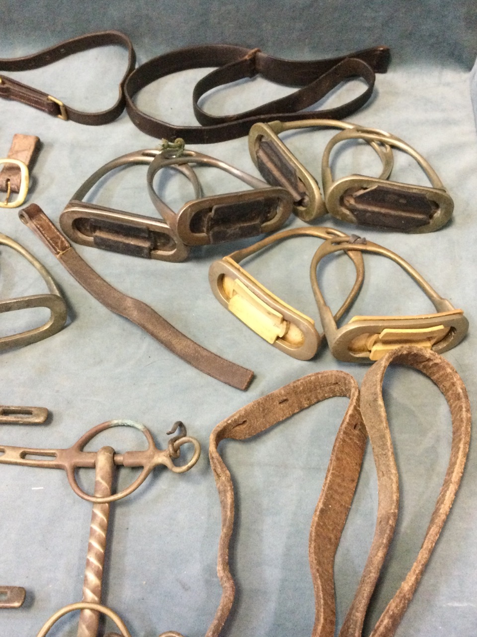 Miscellaneous horse tack - bits, pairs of stirrups - one dated 1914, straps/belts, horse brasses - Image 3 of 3