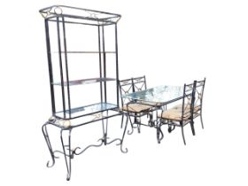 A wrought iron and glass dining room suite, with rounded rectangular bevelled glass topped table