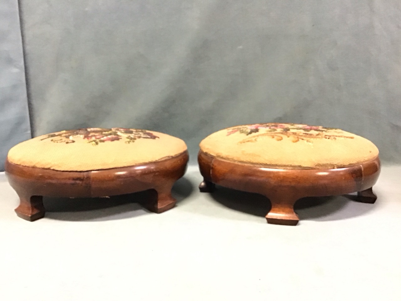 A pair of Victorian mahogany footstools with circular upholstered drop-in floral wool & beadwork - Image 3 of 3