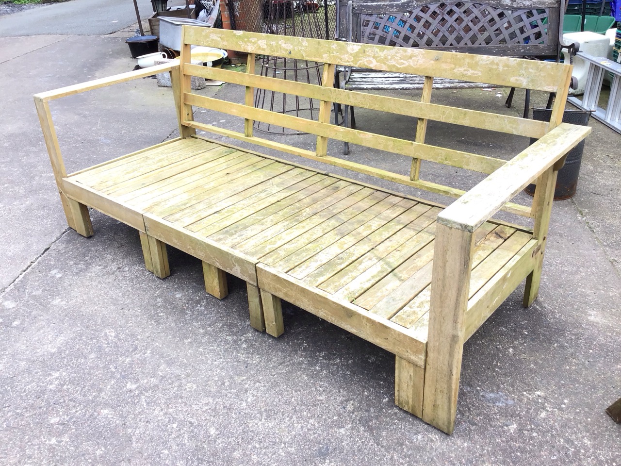 A 6ft hardwood garden bench of slatted construction, with loose cushions and platform arms, raised - Image 3 of 3