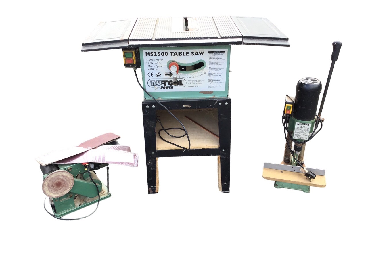 A Nutool 1500w electric table saw on adjustable stand; a Nutool morticing machine on pillar stand;