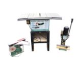 A Nutool 1500w electric table saw on adjustable stand; a Nutool morticing machine on pillar stand;