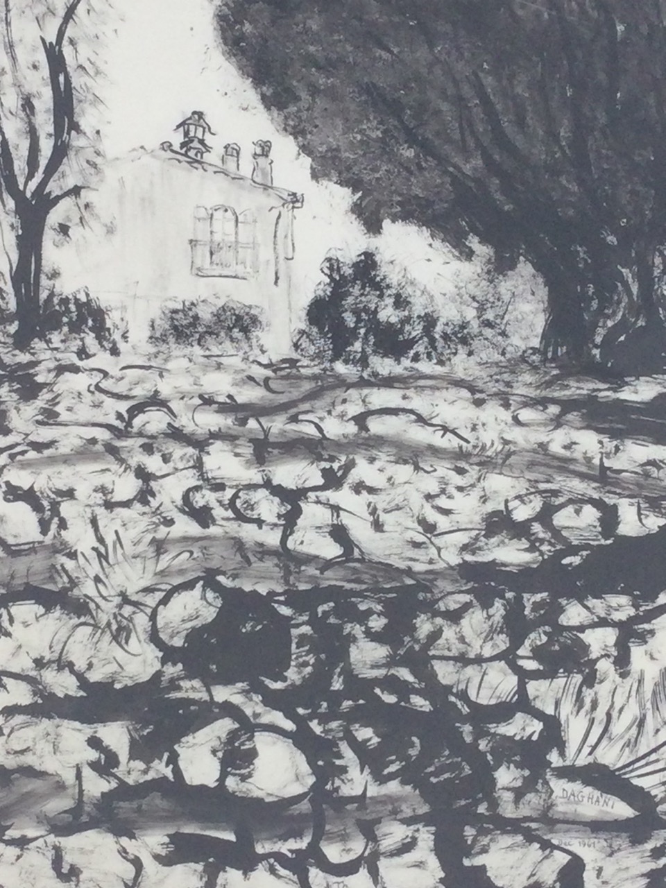 Arnold Daghani, brush & ink, cottage near trees, signed, dated, float mounted & framed. (12.5in x