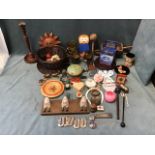 Miscellaneous collectors items - an Edwardian mahogany candlestick, a brass thimble spirit
