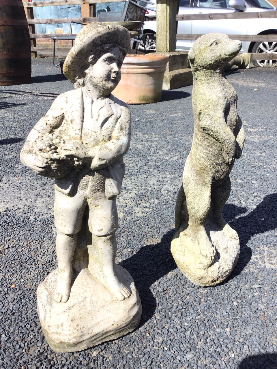 A composition stone garden meerkat figurine, the beast standing on his haunches; and a garden statue - Image 3 of 3