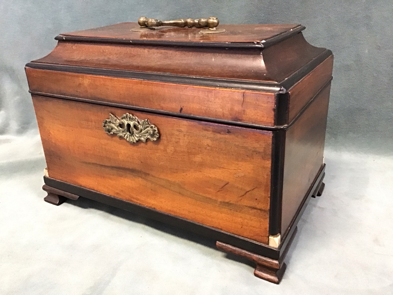 A George III ebony moulded mahogany tea caddy with cavetto moulded cover, fitted with brass swan-