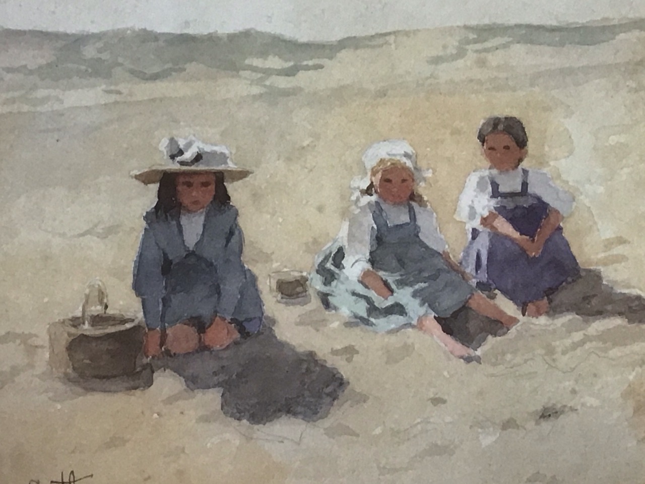 Edward Van Goethem, watercolour, children seated on the beach, signed, mounted & framed. (7in x 5. - Image 2 of 3