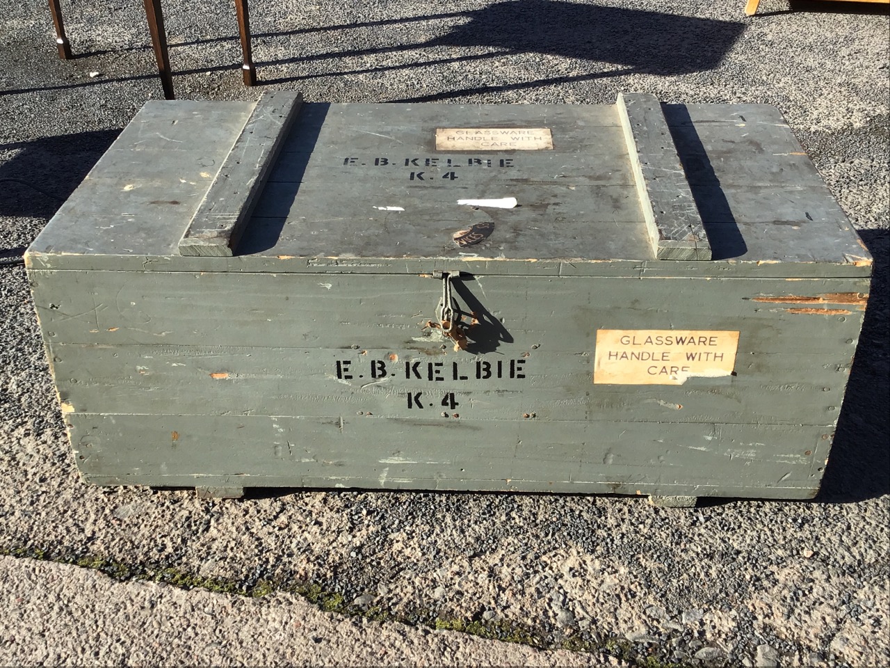 A rectangular painted hardwood trunk with battened top and metal hasp, stencilled with lettering and - Image 2 of 3