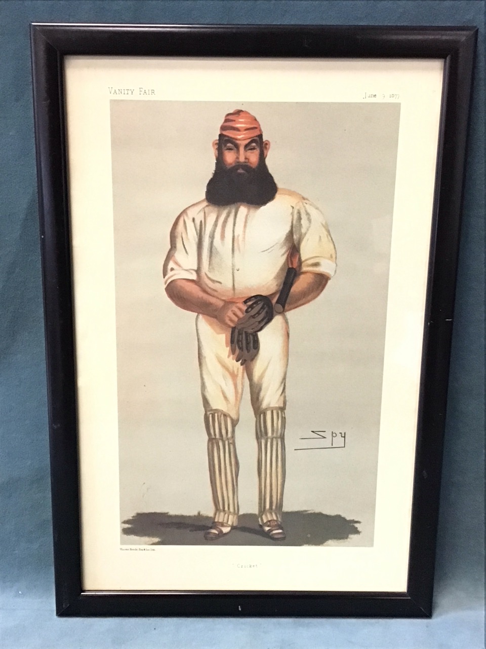 Spy, coloured print, caricature portrait of cricketer WG Grace from Vanity Fair, June 9 1877, signed
