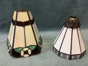 A Tiffany style pentagonal leaded glass lampshade decorated with floral motifs - 6.5in; and