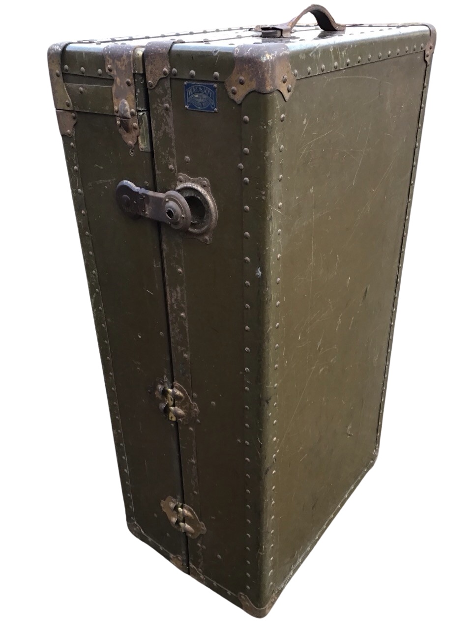 A studded metal mounted cabin trunk by Watajoy of London, with leather handles to ends and hanging - Image 2 of 3