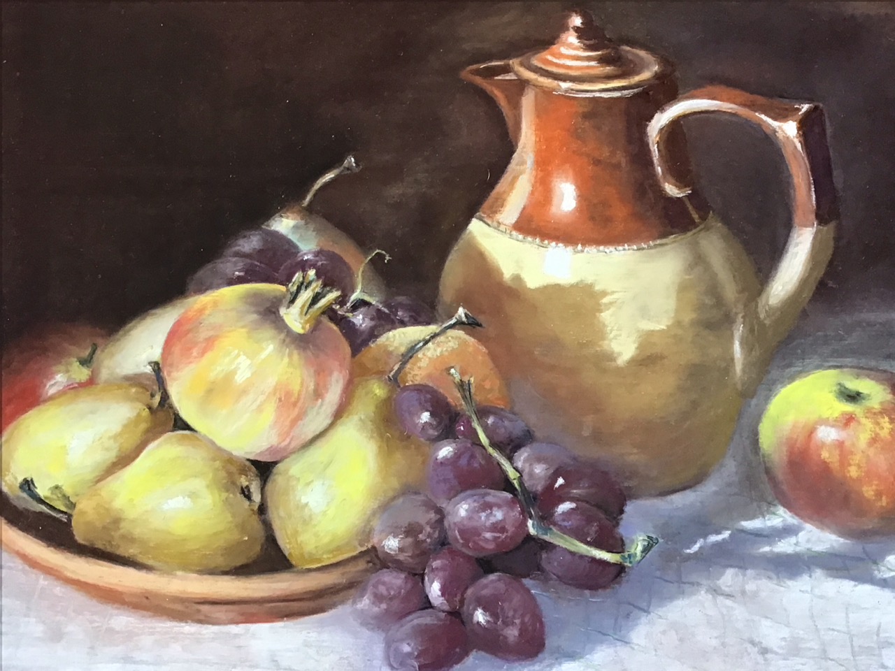 Sandra M Lister, pastel, still life with plate of fruit and stoneware jug, signed, mounted & gilt - Image 2 of 3