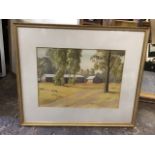 E Monkton, watercolour, landscape with trees & buildings, signed, dated & titled Nabiac NSW, mounted
