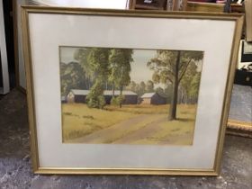 E Monkton, watercolour, landscape with trees & buildings, signed, dated & titled Nabiac NSW, mounted