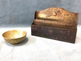 A Benares brass engraved enamelled stationery rack decorated profusely with a peacock and scrolled