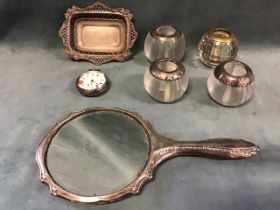 Miscellaneous hallmarked silver - a hand mirror with bevelled plate and beaded handle, a rectangular