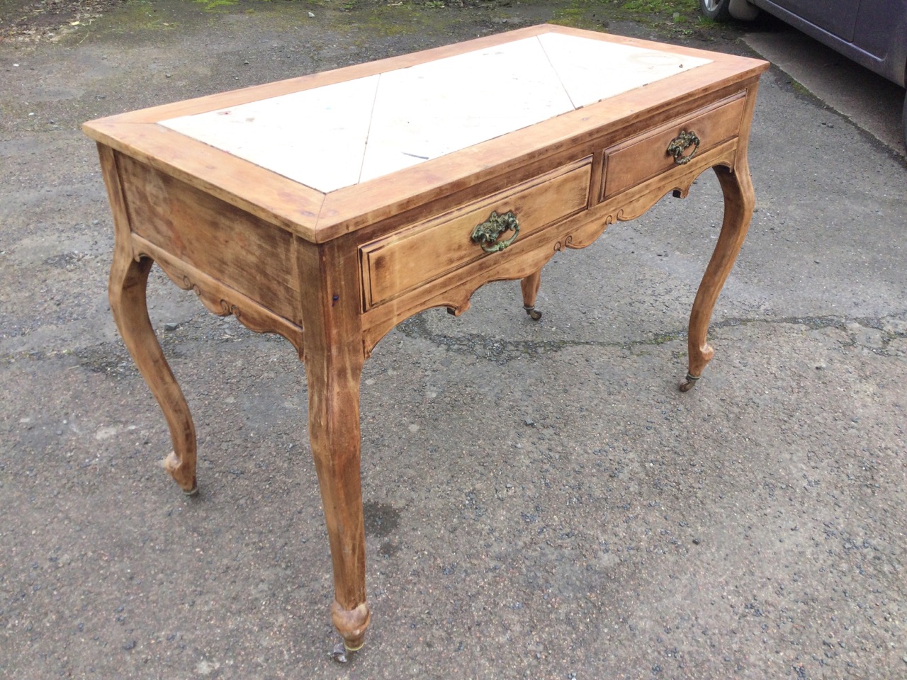 A French Louis XV provincial style pine and walnut side table, the rectangular top inset with - Image 3 of 3