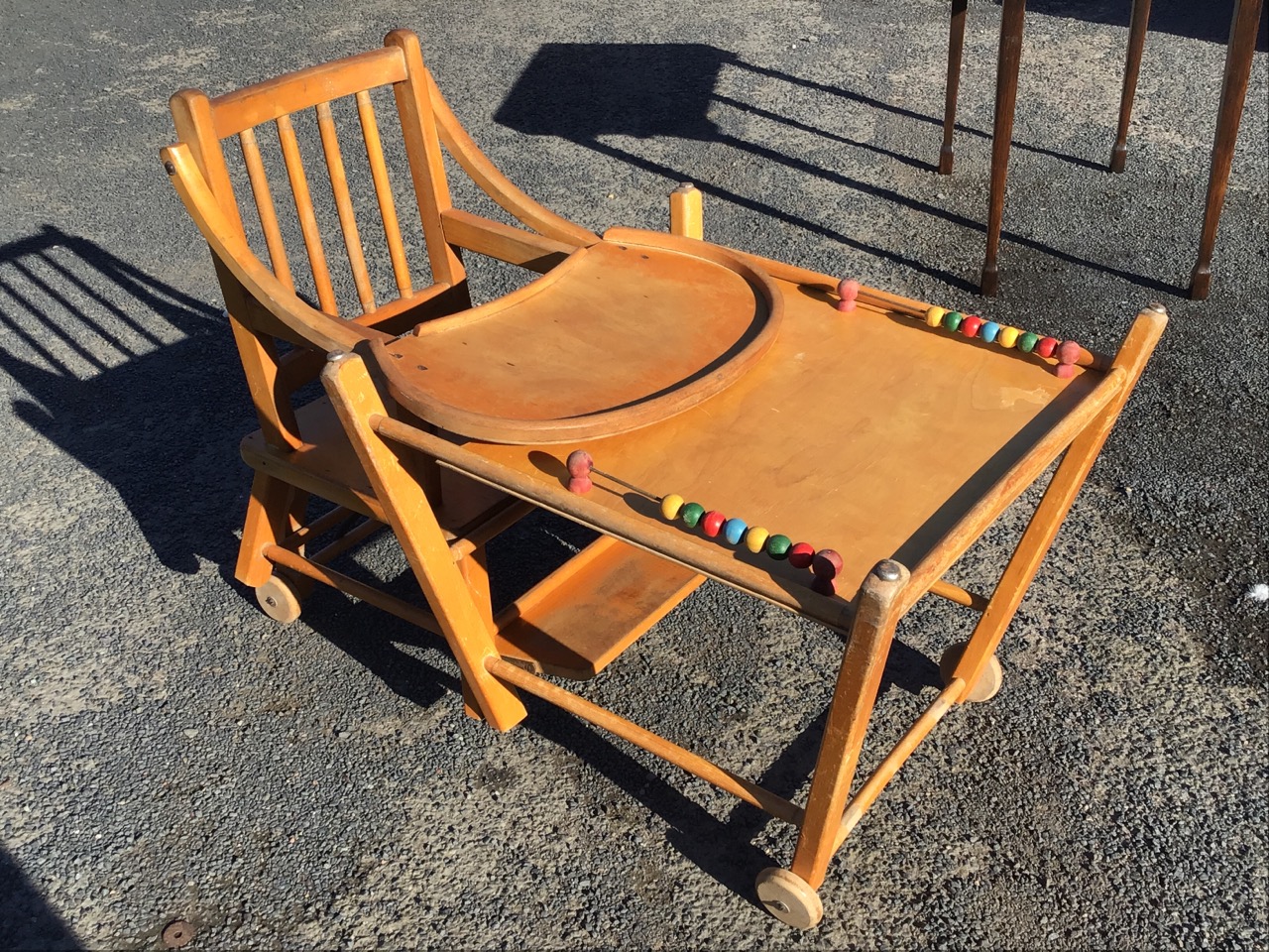 A 60s beech childs metamorphic high chair with rectangular slatted back above a solid seat flanked - Image 2 of 3