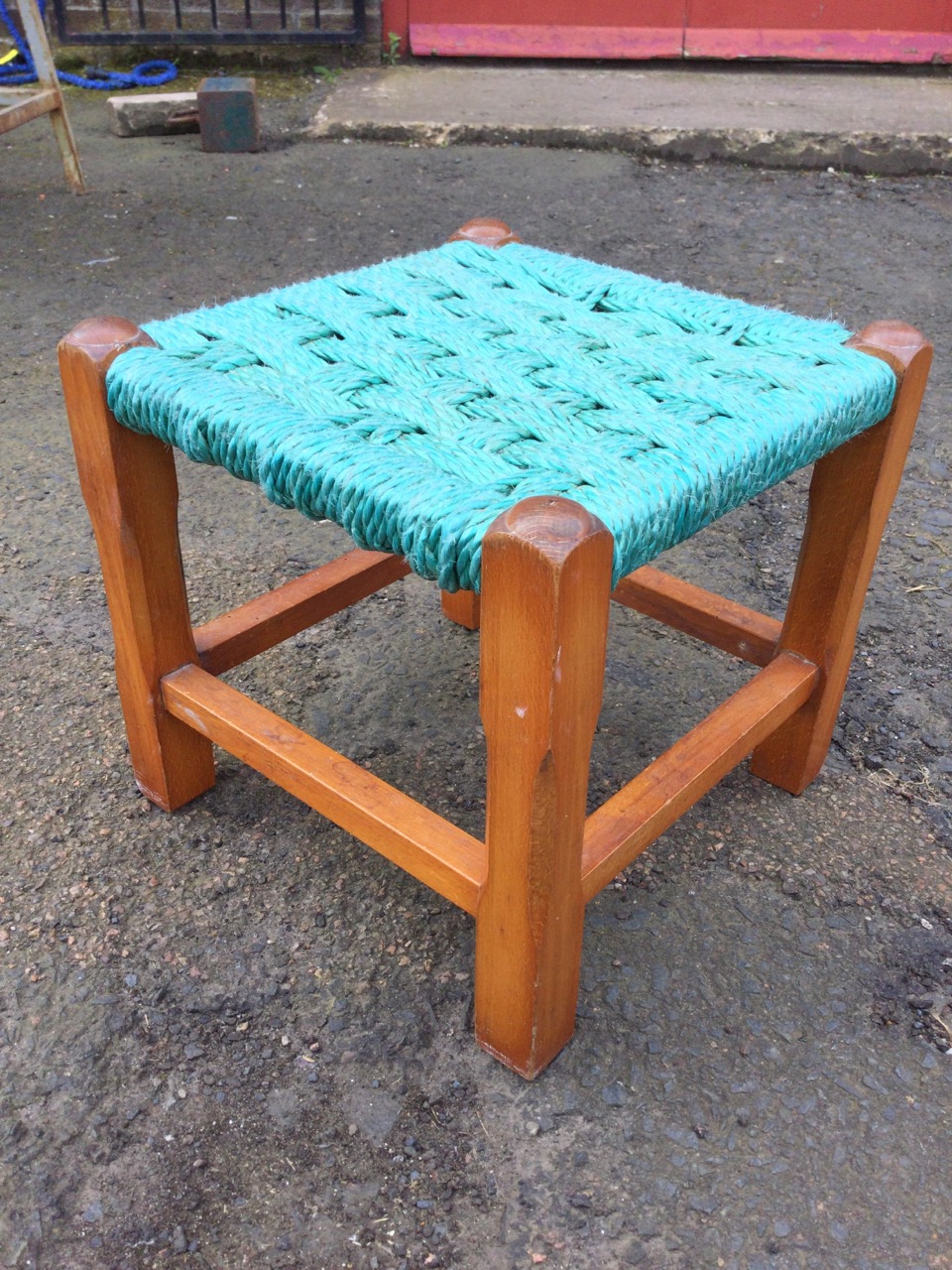 A rectangular mahogany coffee table with inlaid oak parquetry panel to top; and a square beech stool - Image 3 of 3